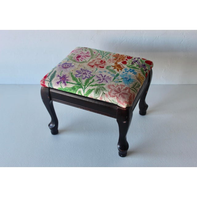 Vintage Vibrant Floral Needlepoint Footstool Ottoman Mid-Century For Sale - Image 10 of 14