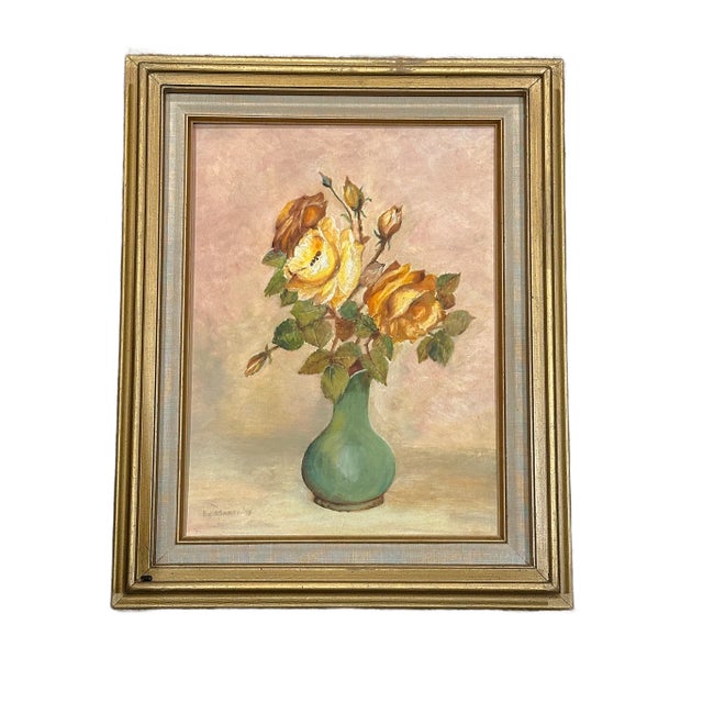 This is a charming mid century Gilt wood framed still life oil painting depicting a posy of roses filling a green vase and...
