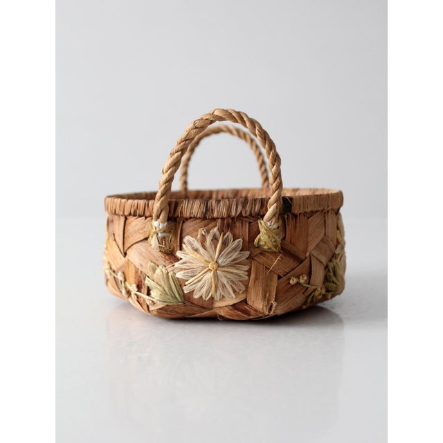 Tan Vintage Handmade Floral Raffia Basket With Braided Handles For Sale - Image 8 of 13