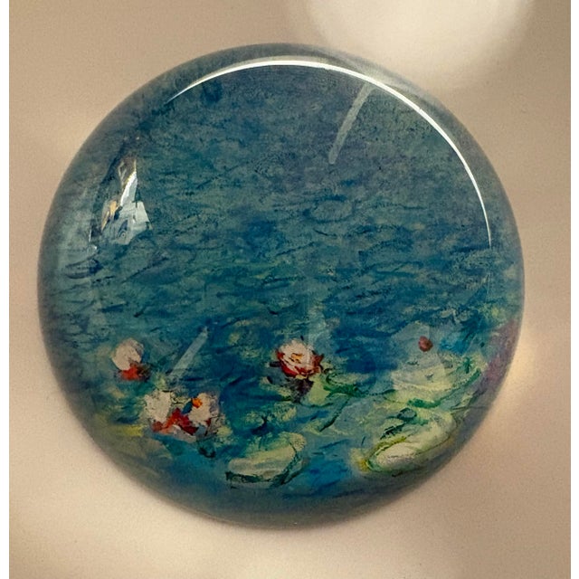 Late 20th Century Late 20th Century Monet Style Water Lily Art Glass Paperweight Dome in Luminous Blue Tones For Sale - Image 5 of 8