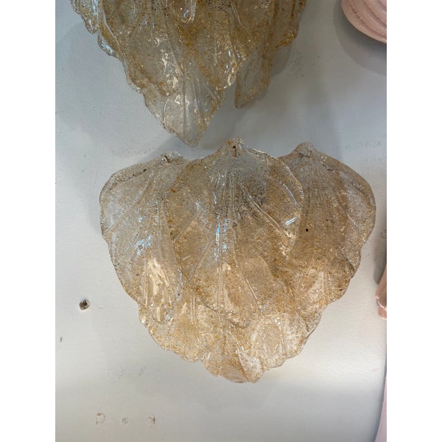 Gold Vintage Murano Mazzega Glass Leaf Leaves Wall Gold Flakes Clear Wall Sconces -A Pair For Sale - Image 8 of 10