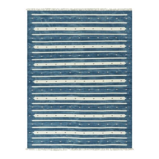 Rug & Kilim's Contemporary Dhurrie Rug in Blue with White Stripes - 13x19 For Sale