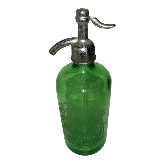 American Green Glass Etched Seltzer Bottle For Sale