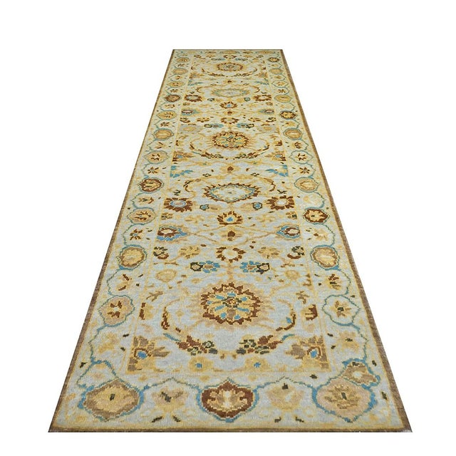 Persian Sultanabad Wool 3x10 Ivory, Light Blue & Gold Handmade Runner Rug #1143675 For Sale - Image 4 of 4