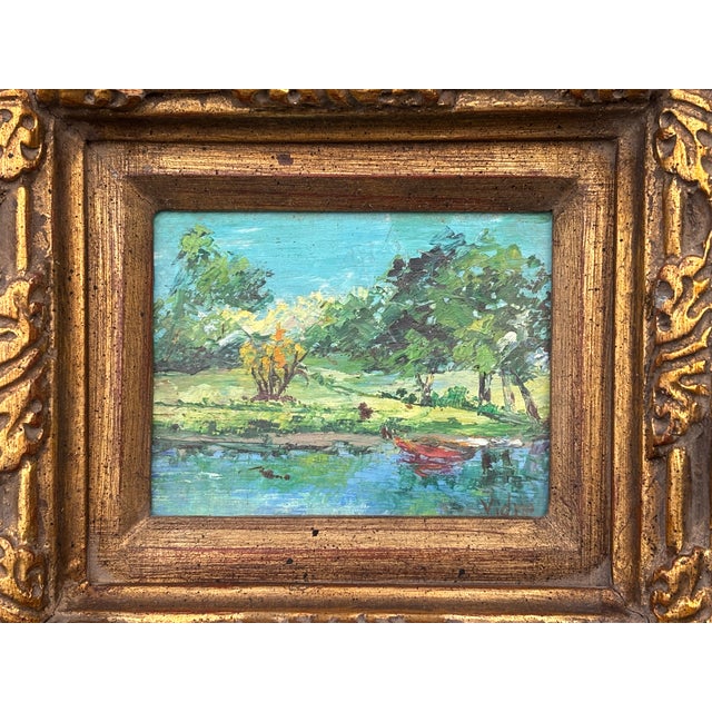 Early 20th Century Early 20th C. Petite Original Oil on Board - Landscape. - Artisan-Carved Gilt Frame For Sale - Image 5 of 5