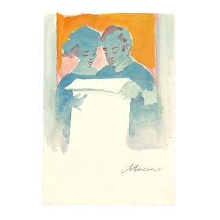 Mino Maccari, Couple Reading, Mixed Media Drawing on Cardboard, 1970s For Sale