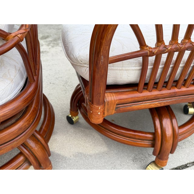 Vintage Sunburst Rattan Swivel Armchairs on Casters, Set of 6 For Sale - Image 17 of 18
