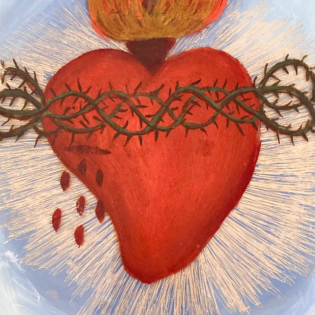 Reverse Glass Painting of Sacred and Immaculate Hearts, 1950's Religious Iconography Art For Sale - Image 4 of 10