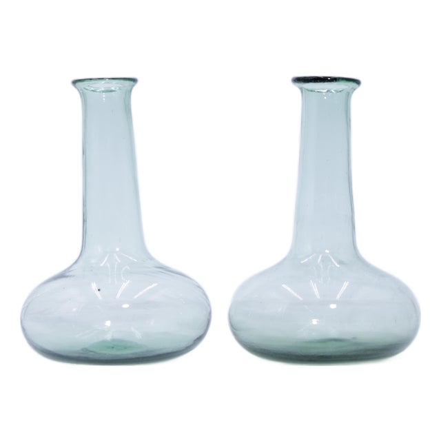 Antique Pair of Hand Blown Glass Bottle Vases For Sale