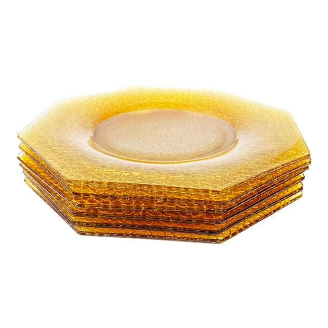 Vintage, Depression Era L E Smith Cracky Pattern Octagonal Amber Glass Plates - 6 Pieces For Sale