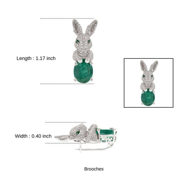 Bunny Brooch Pin With 3.08ct Emerald & 1.11ct Pave Diamonds in 14k White Gold For Sale - Image 10 of 13