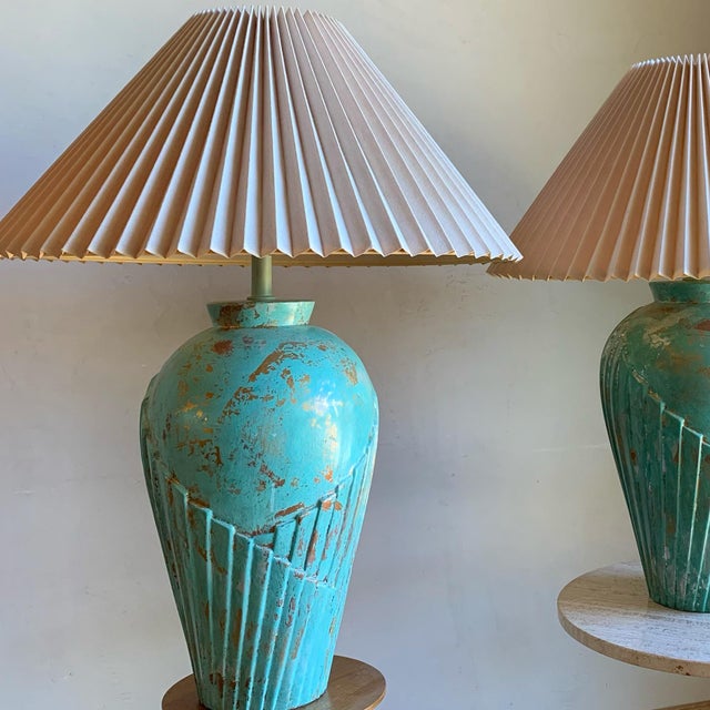 Ceramic 1970s Post Modern Art Deco Memphis Style Jade Green and Gold Ceramic Sculpture Table Console Lamps With Original Pleated Shades-a Pair For Sale - Image 7 of 10