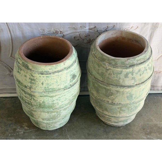 Pair of Mediterranean Barrel Olive Jars - Heavily Patinated Verdigris Terracota For Sale - Image 11 of 14
