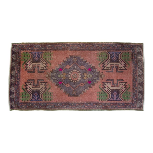 Distressed Low Pile Turkish Yastik Petite Rug Hand Knotted Faded Mat - 21'' X 42'' For Sale