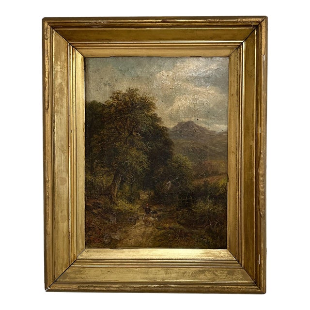 Original Antique English Oil Painting, W. ELLIS Sheep on Country Road For Sale