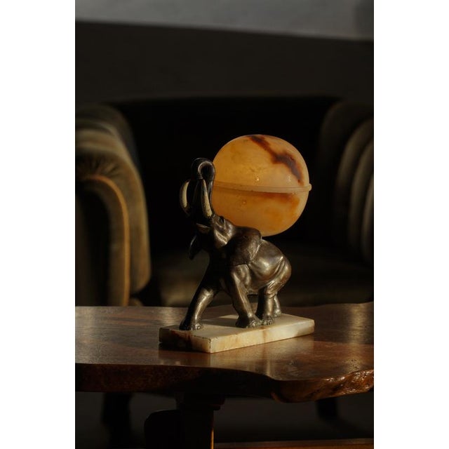 Beige Early 20th Century Art Deco Elephant Table Lamp with Alabaster Globe, 1930s For Sale - Image 8 of 18