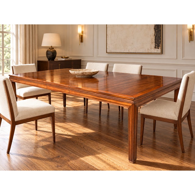Elegant mid-century walnut dining table by John Widdicomb, dating to approximately the 1960s–early 1970s. Featuring a...