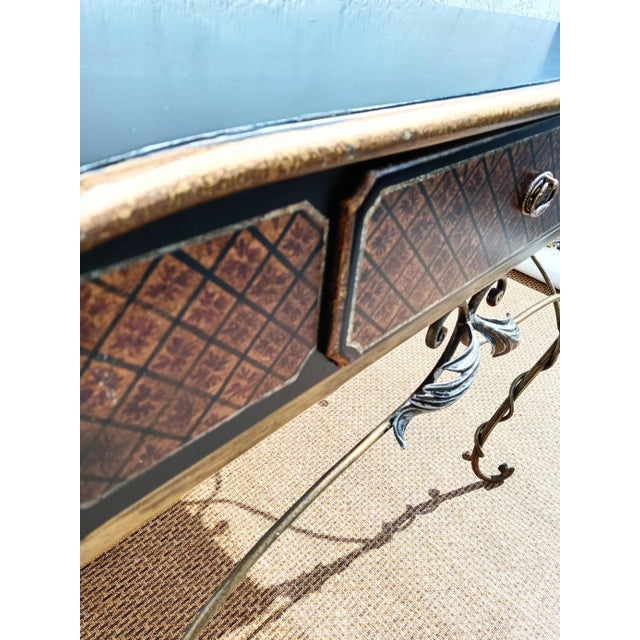 Vintage Small Black Rust Scrolled Iron Legs Wood Vanity, Desk For Sale - Image 9 of 10