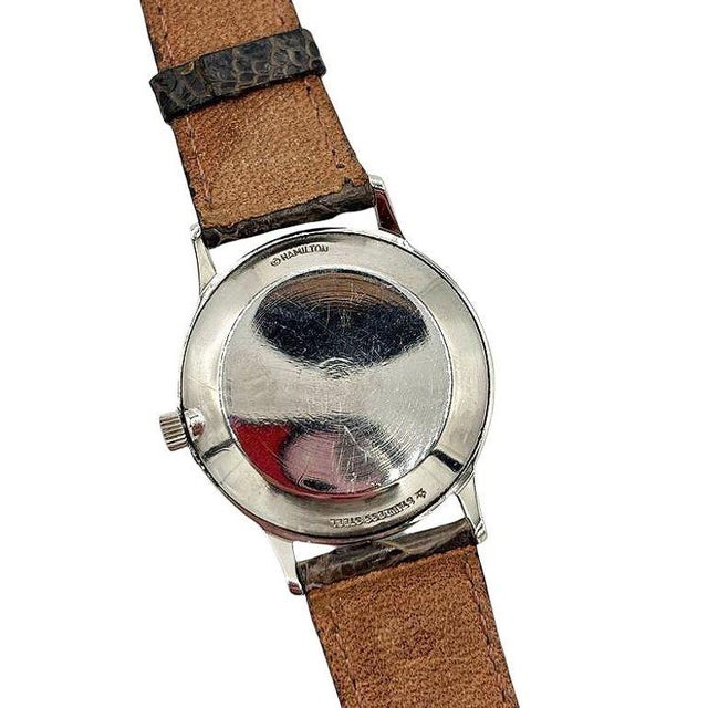Animal Skin 1950 Hamilton Thin-O-Matic Wristwatch W/ Black Dial on Leather Band For Sale - Image 7 of 10