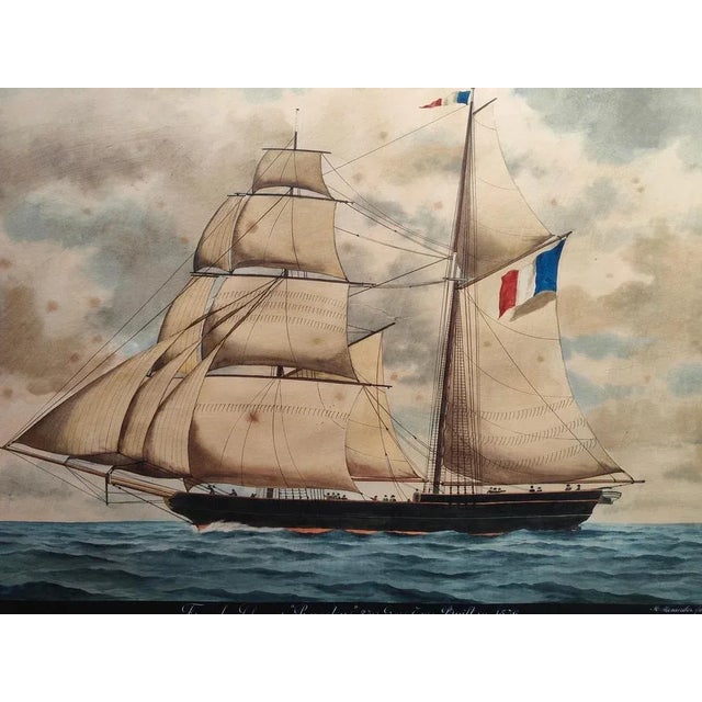 Watercolors from around 1900 representing a French frigate and an English frigate.The two watercolors are signed:...