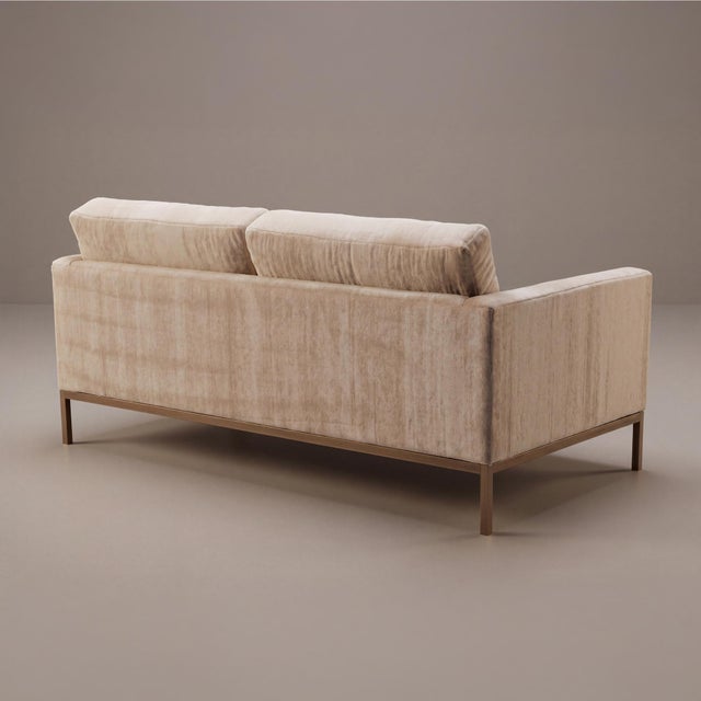 Mid-Century Modern Florence Knoll Settee Loveseat in Limani Mohair & Brushed Bronze For Sale - Image 3 of 8