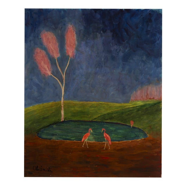 Jean-Jacques Abiéniste, Flamingos by a Pond under a Pink Tree, Oil on Canvas For Sale
