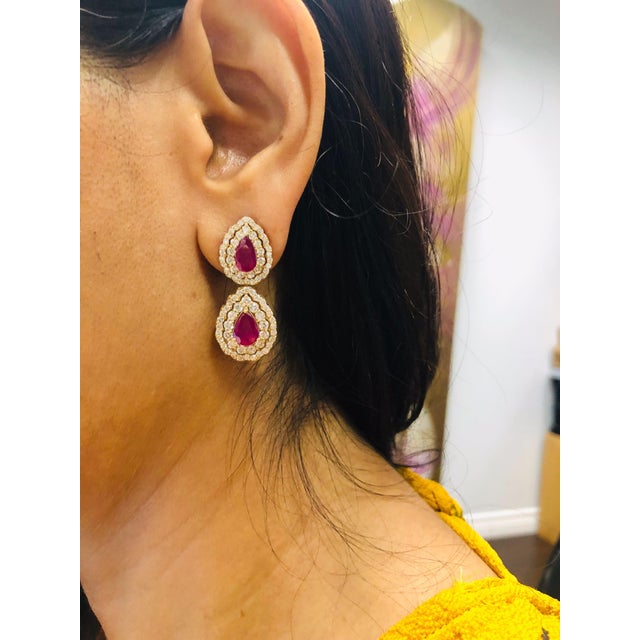 Metal 7.77 Carat Natural Ruby Diamond Yellow Gold Drop Earrings, A Pair For Sale - Image 7 of 9