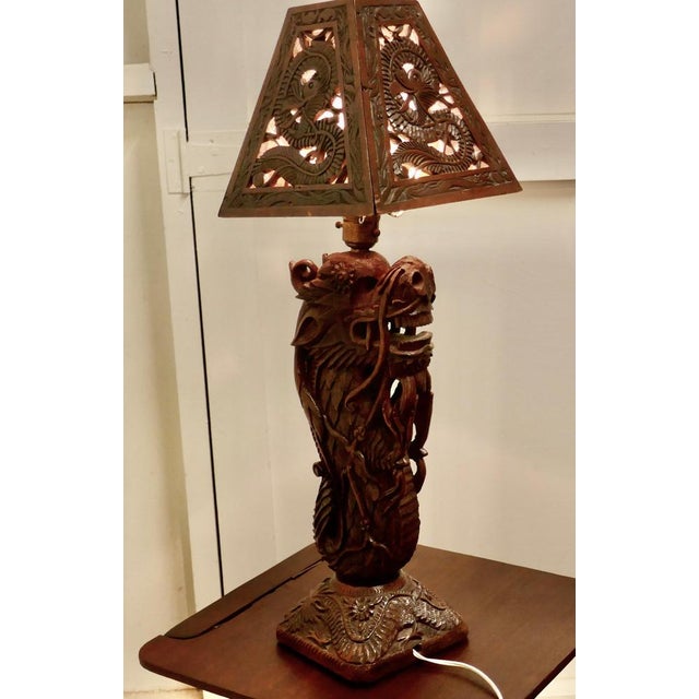 Oriental Folk Art Carved Teak Dragon Lamp, 1930s For Sale - Image 10 of 12
