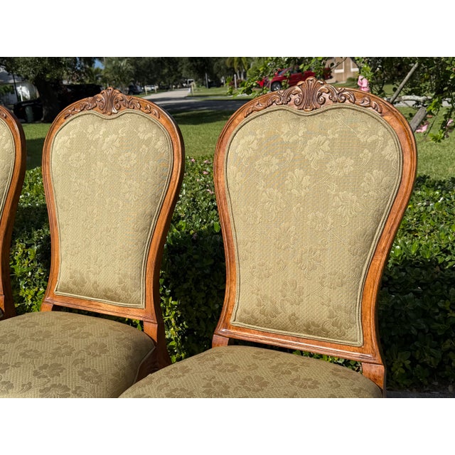 Century Furniture Century Furniture French Provincial Carved Wood Dining Chairs With Olive Damask Upholstery, Set of 6 For Sale - Image 4 of 12