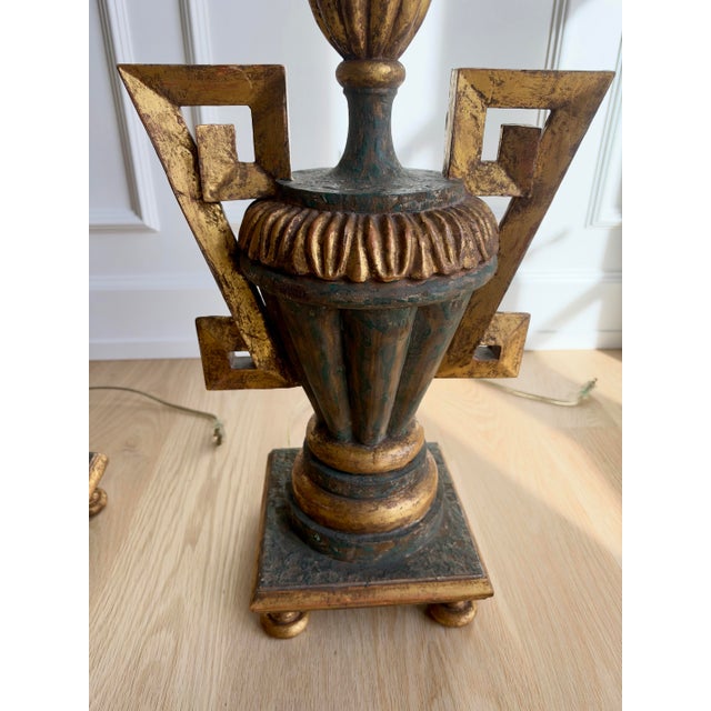 Grand Tour Vintage Hand-Carved Italian Parcel-Gilt Neoclassical Greek Key Urn Lamps With Original Parchment Shades - Pair For Sale - Image 3 of 11