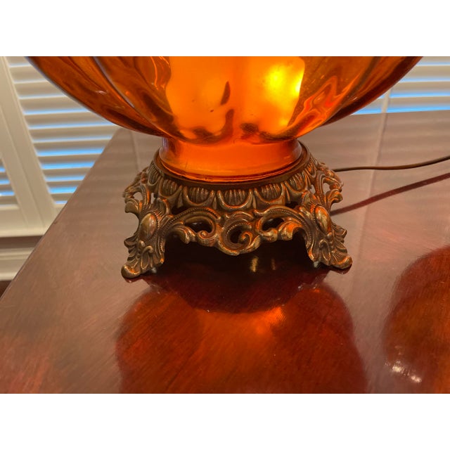 Vintage Hollywood Regency Style Large Amber Colored Glass Blown Lamps With Brass Bases a Pair