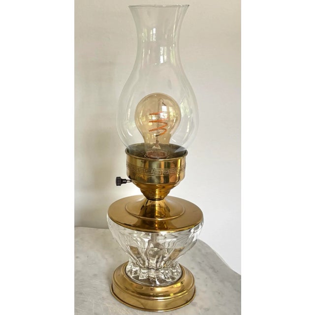Rewired Early 20th Century Brass and Glass Hurricane Lamp With Greek Key Detail For Sale - Image 6 of 6