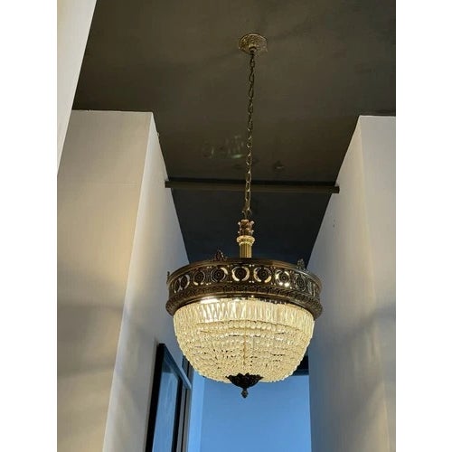 Antique Beaux Arts Bronze Crystal Basket Four Light Chandelier Rewired. Very fine condition and excellent in appearance....
