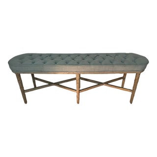 Transitional Faux Bamboo Light Blue Tufted Bench For Sale