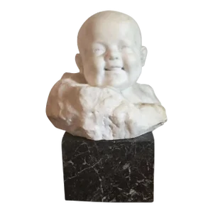 Early 20th Century Italian Carved White Marble Head Bust of an Infant or Baby by Giorgio Rossi 1920 on Rouge Marble Plinth