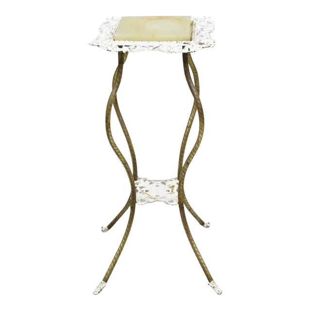 Antique Victorian Brass 2 Tier Onyx Stone Top Plant Stand Pedestal Side Table For Sale