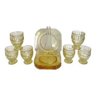 Set of 12 Yellow Depression Era Glasses and Plates For Sale