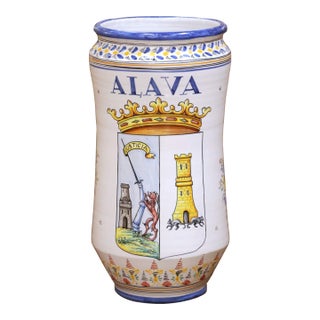 Mid-Century Spanish Talavera Pottery Umbrella Stand With Alava Crest For Sale