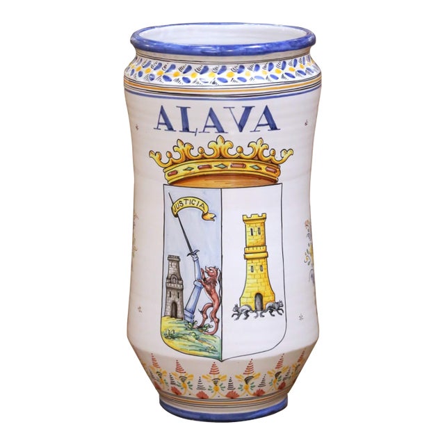 Mid-Century Spanish Talavera Pottery Umbrella Stand With Alava Crest For Sale