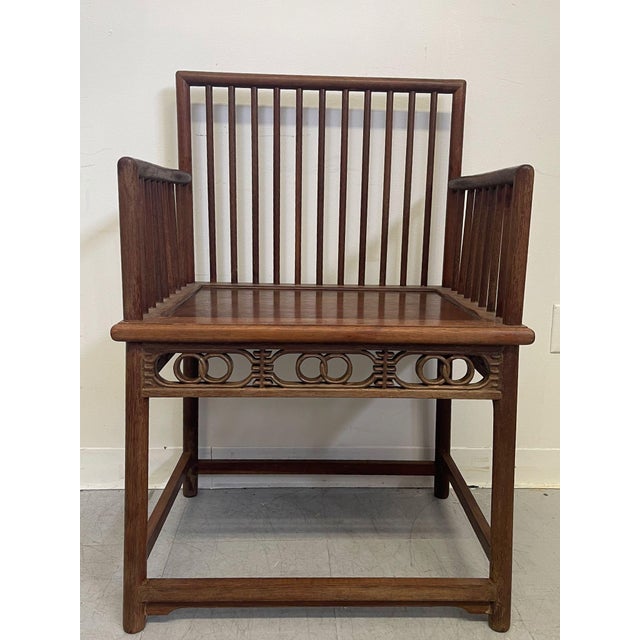 Chinese 1970s Antique Official’s Arm Chair Wooden Huanghuali Style Spindle Back. Walnut Tone For Sale - Image 3 of 9
