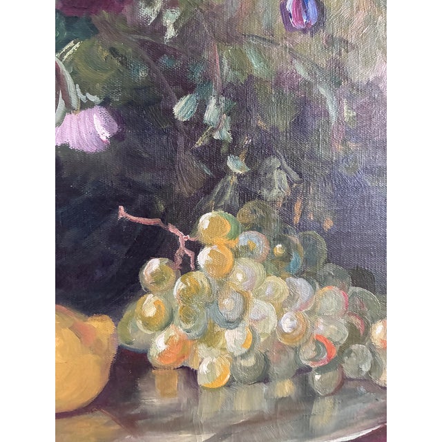Large Vintage Original Floral Still Life Painting With Fruit For Sale - Image 16 of 18