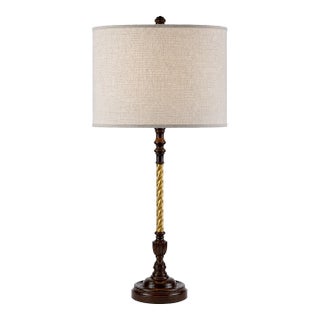 Vintage Refinished Walnut & Gold Twist Column Table Lamp With Oatmeal Linen Drum Shade — 33” Tall For Sale