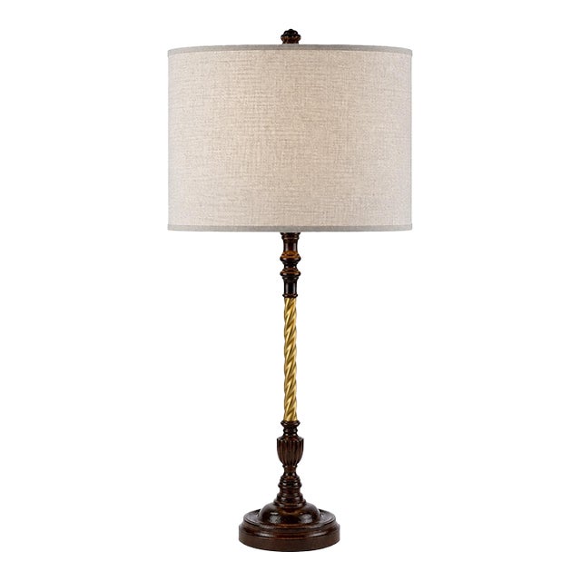 Vintage Refinished Walnut & Gold Twist Column Table Lamp With Oatmeal Linen Drum Shade — 33” Tall For Sale