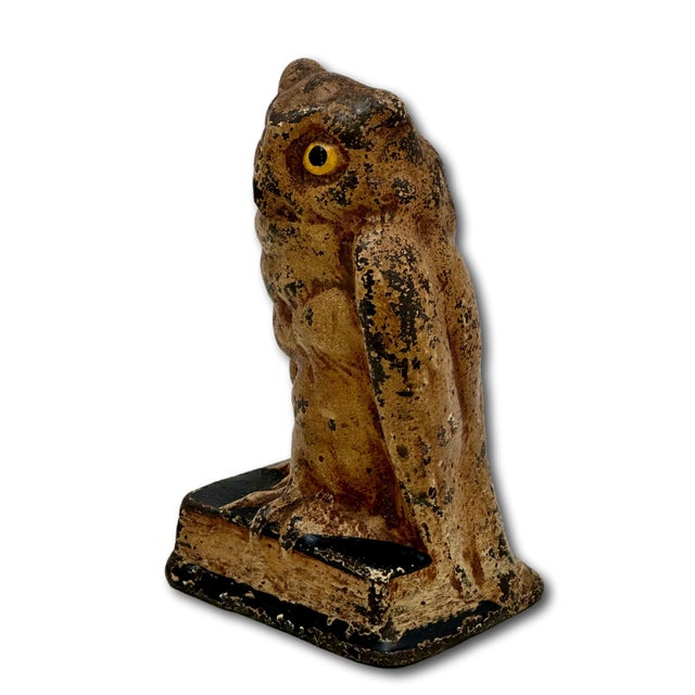 Unusual Antique American Cast Iron Wise Old Owl Sitting on a Book Figurative Doorstop - Circa 1920s. For Sale - Image 11 of 18