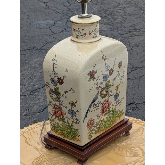 Ceramic Vintage Large Crackle Oriental Asian Floral With Birds Table Lamp 29", Oriental Lamp, Asian Decor For Sale - Image 7 of 9