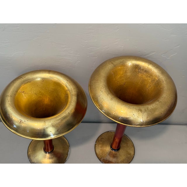 beautiful, highly collectible staggered pair of art glass trumpet vases from the Alan Lee Collection. These striking mid-...