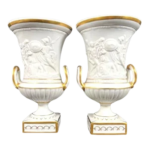 1950s Vintage Sandizell Hoffner & Co Dresden Porcelain Trophy Pedestal Vases - a Pair