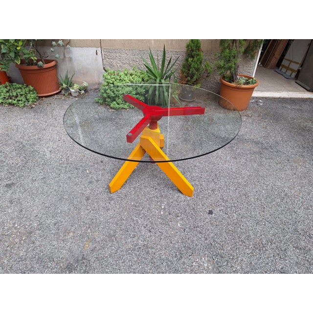 Wood Vidun Dining Table with Round Glass Top and Red and Yellow Beech Legs by Vico Magistretti for De Padova, 1980s For Sale - Image 7 of 12