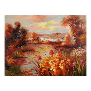 Late 20th Century Secluded Lakeside Villa Painting For Sale