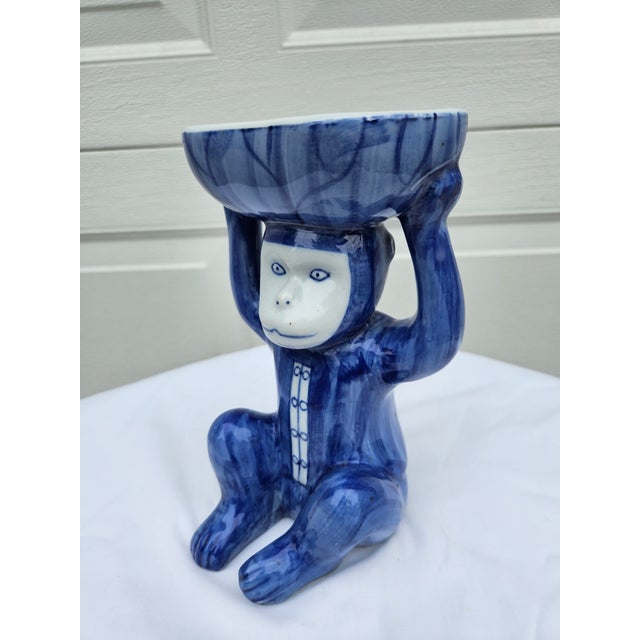 Chinoiserie Vintage Chinoiserie Blue White Ceramic Monkey Dish - 8.25" Height For Sale - Image 3 of 12